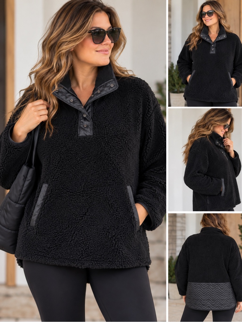 NWT Athleta Cozy Sherpa Snap Pullover 1X Black Quilted Fleece Athleisure Cozy